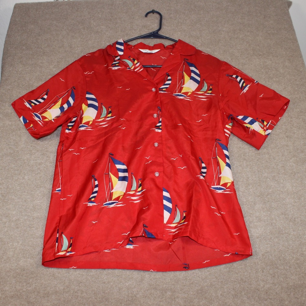 Cheryl Tiegs Vintage Red Sailboat Print Button Up Shirt Short Sleeve Nautical 12